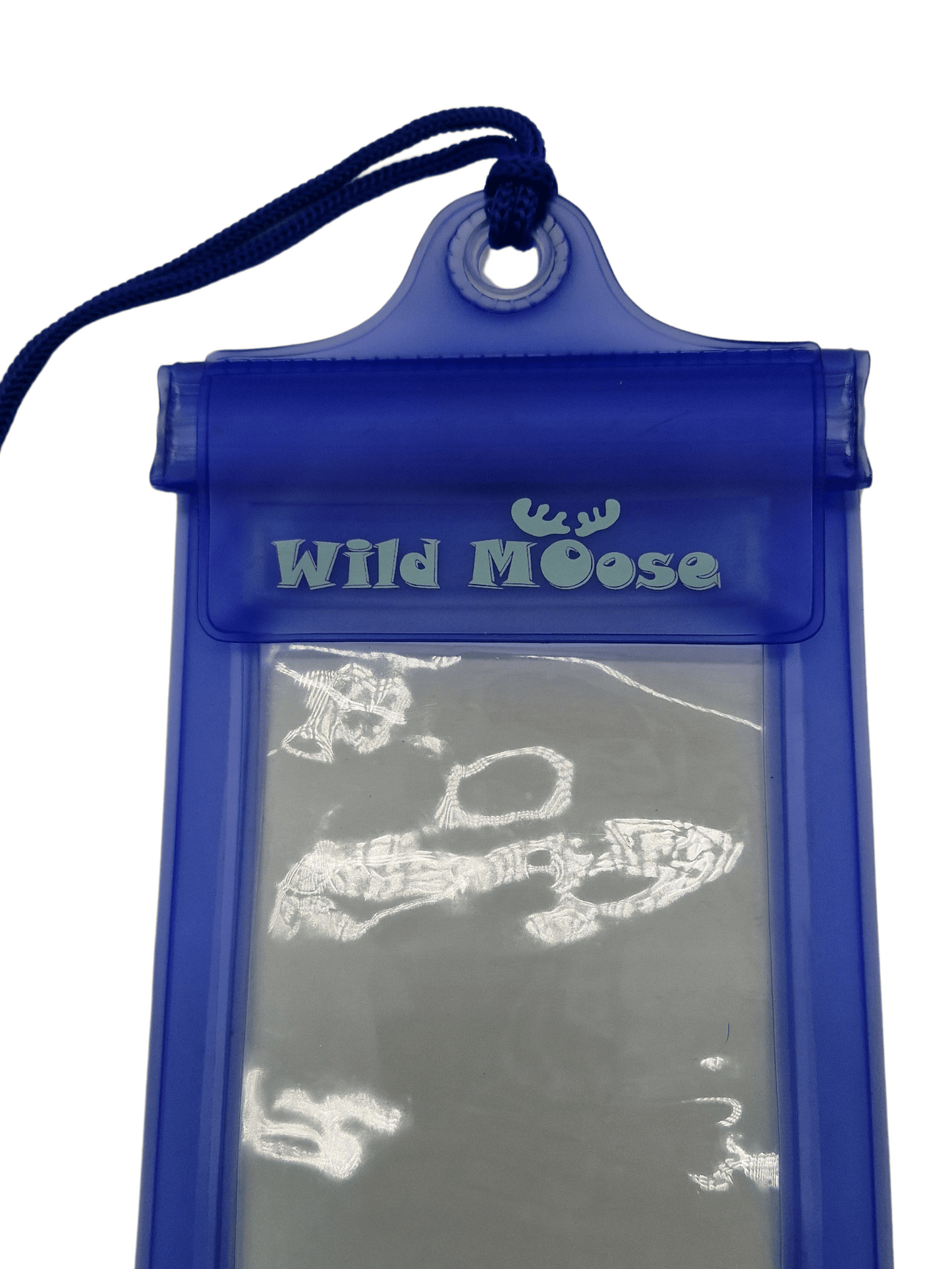 close up of top of blue phone case with Wild Moose logo and lanyard