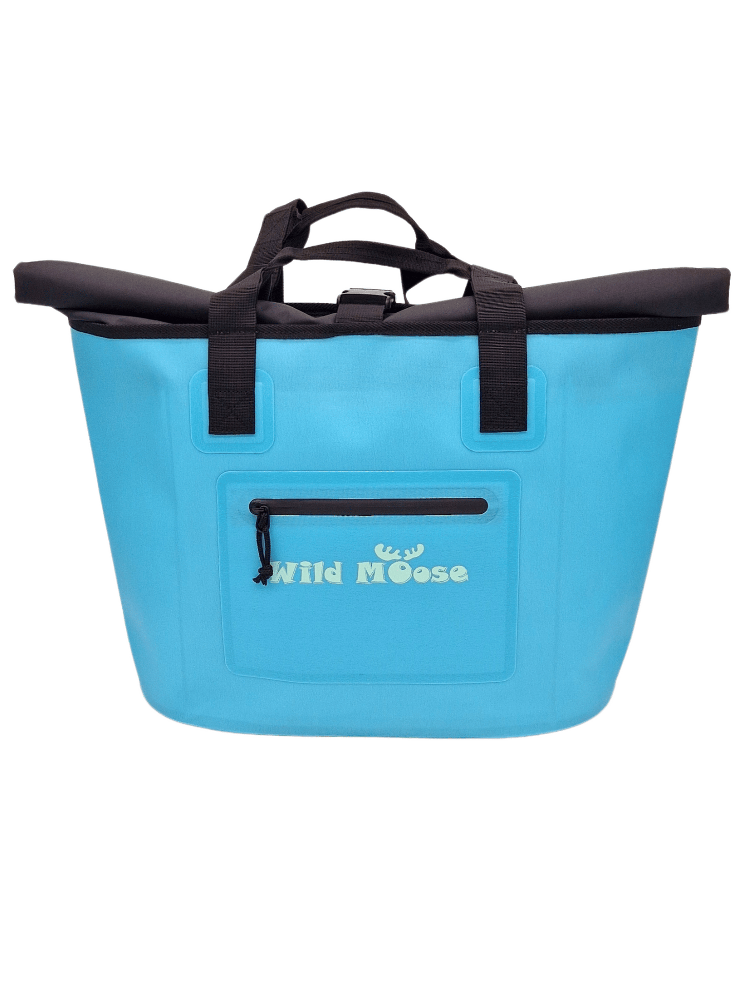 product shot a bright blue tote bag with Wild Moose logo
