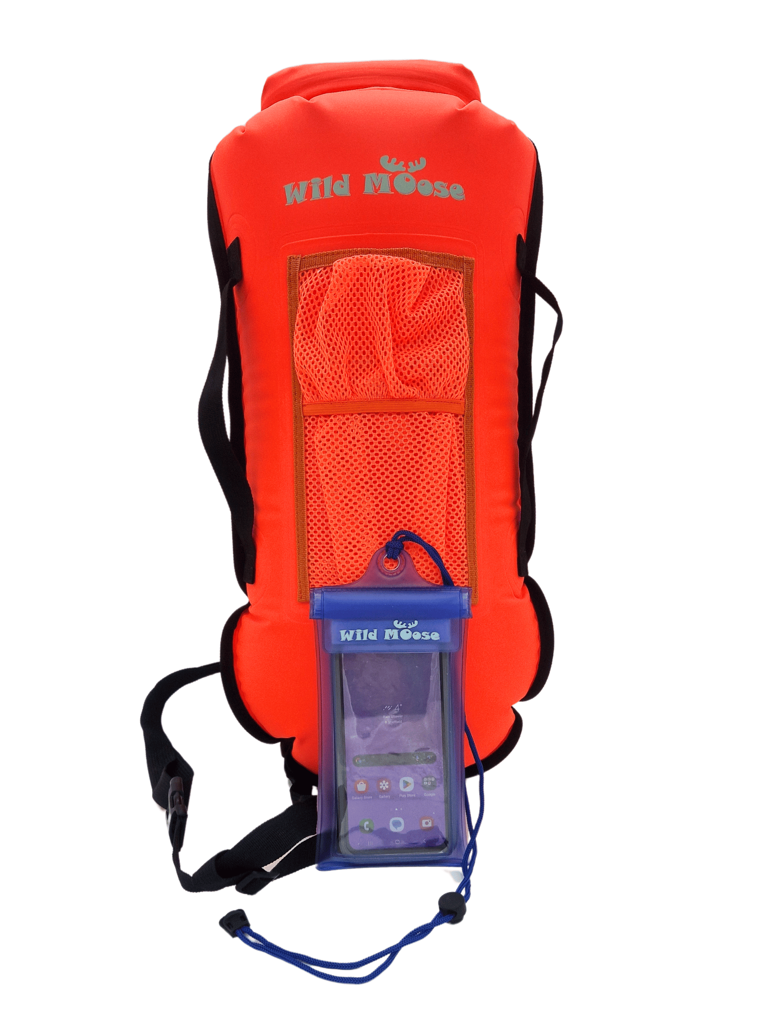 28L orange adventure tow float with blue waterproof phone case in front