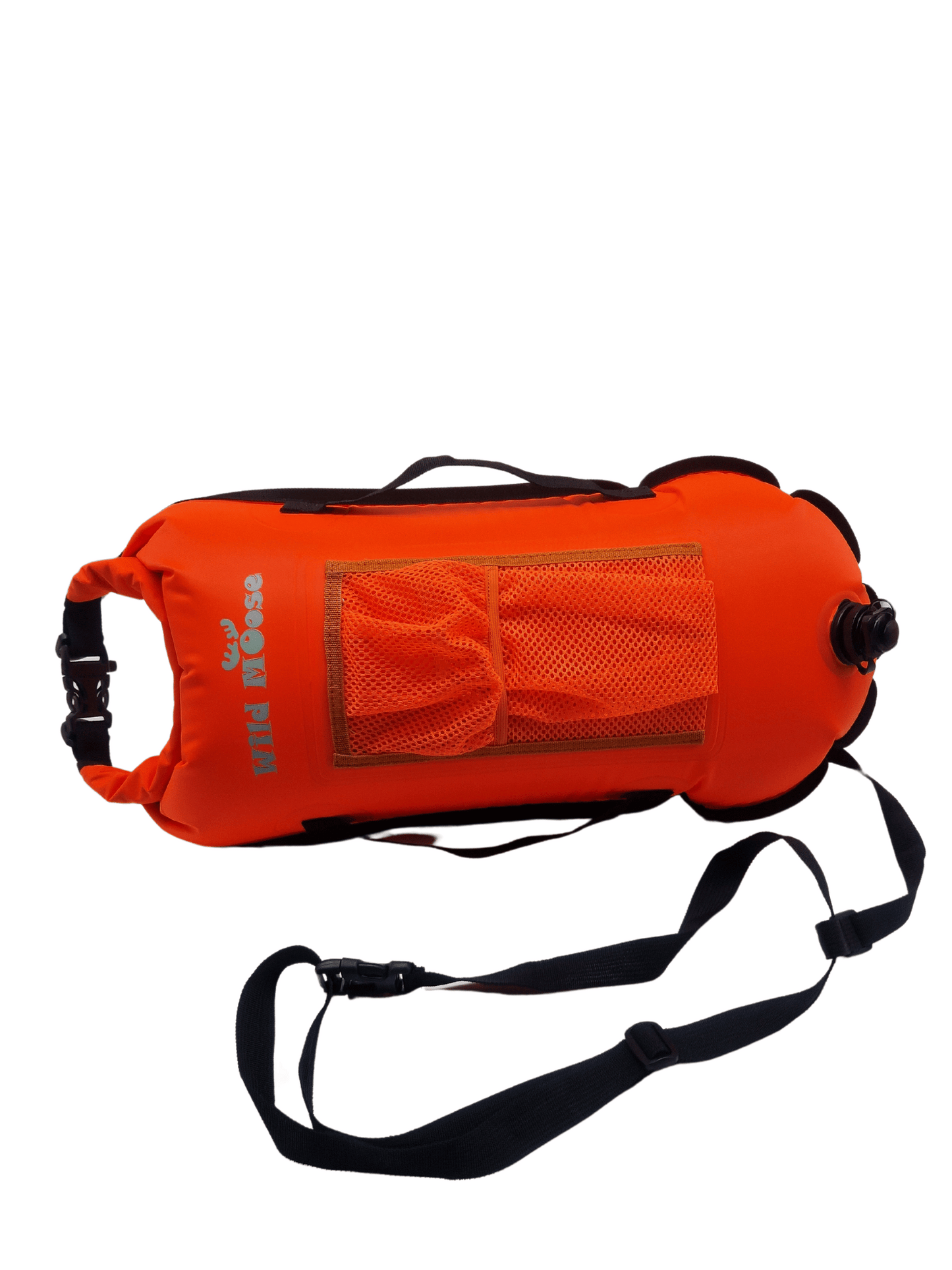 28L bright orange tow float (on side) with mesh top pocket and black handles and leash