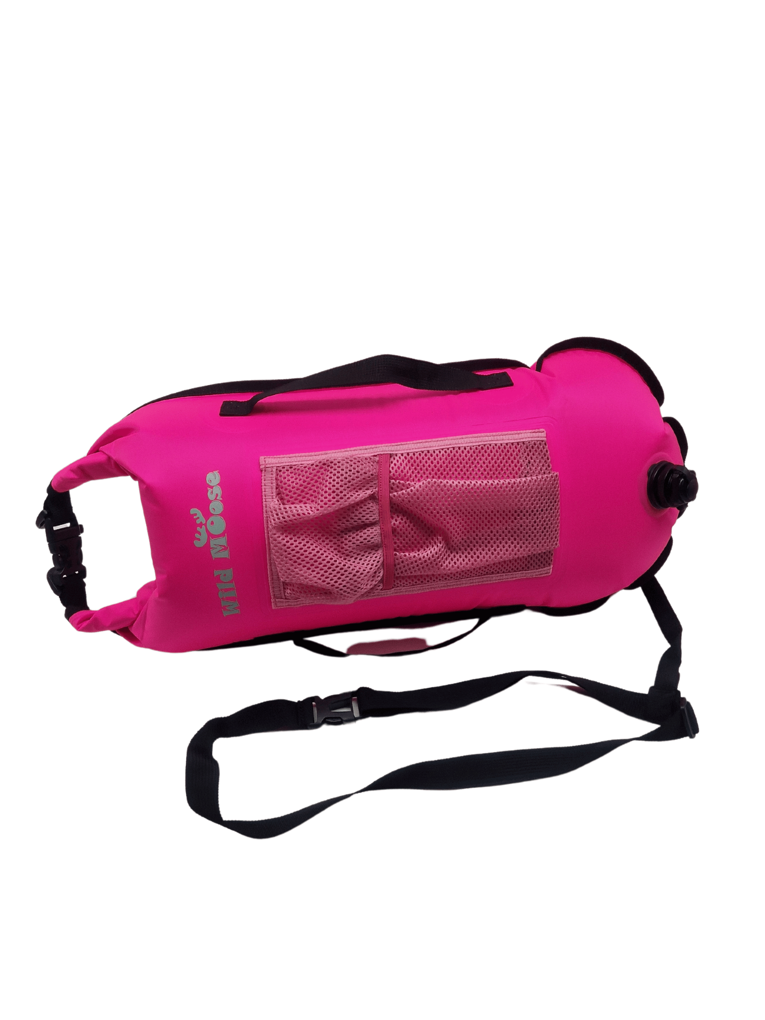 28L bright pink tow float (on side)  with mesh top pocket and black handles and leash