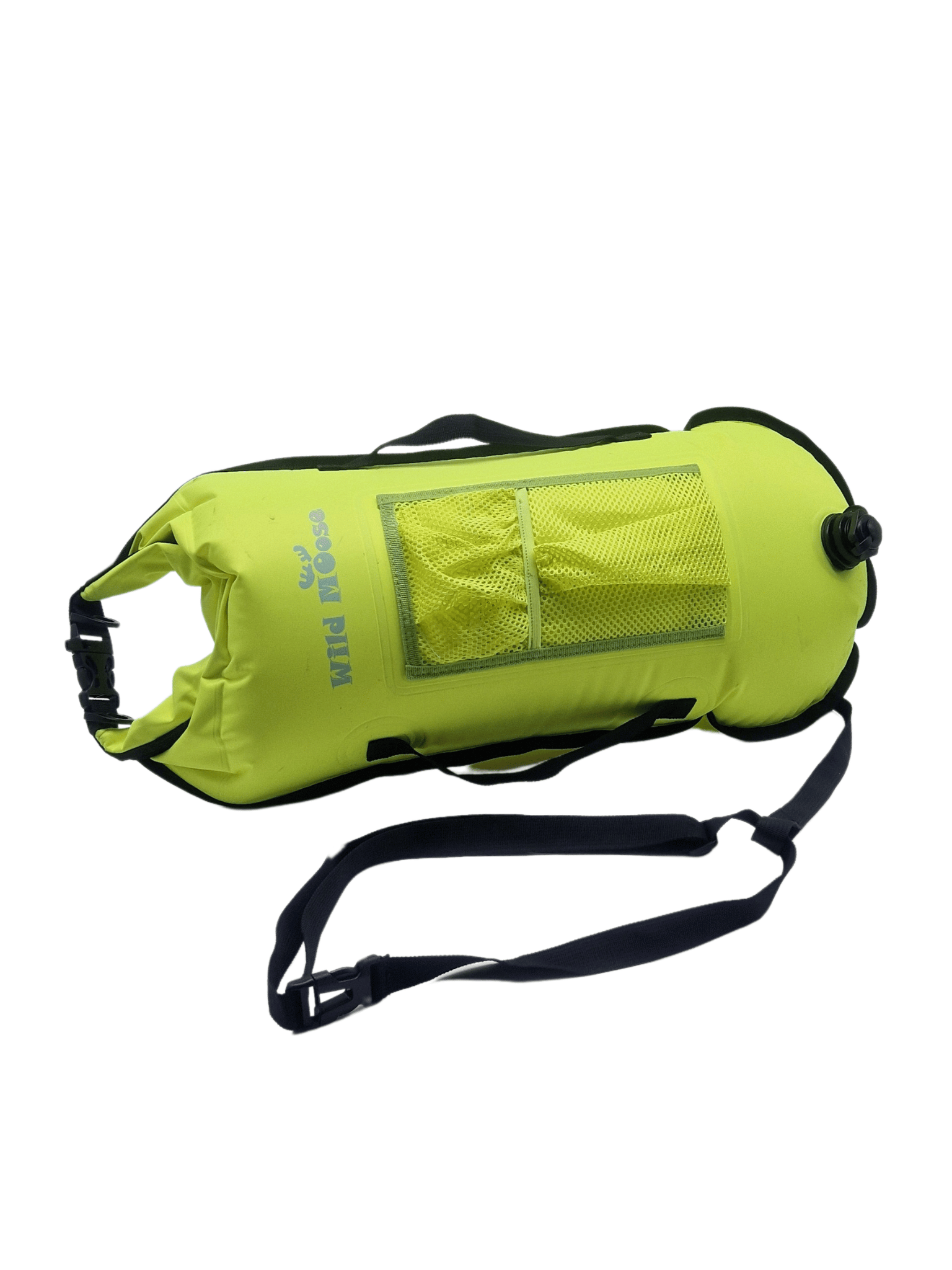 28L neon yellow tow float (on side) with mesh top pocket and black handles and leash