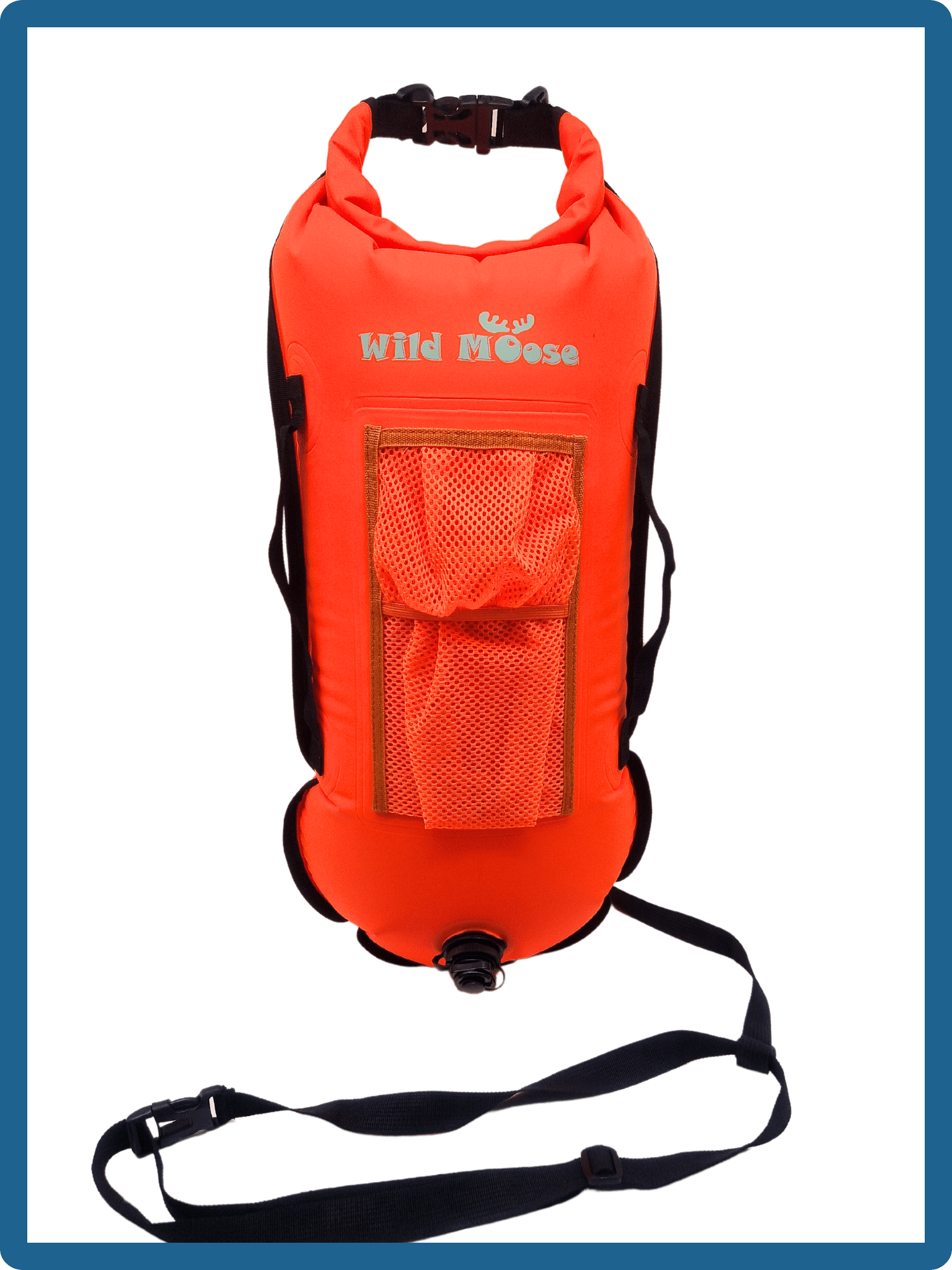 28L bright orange tow floats with mesh top pocket and black handles and leash