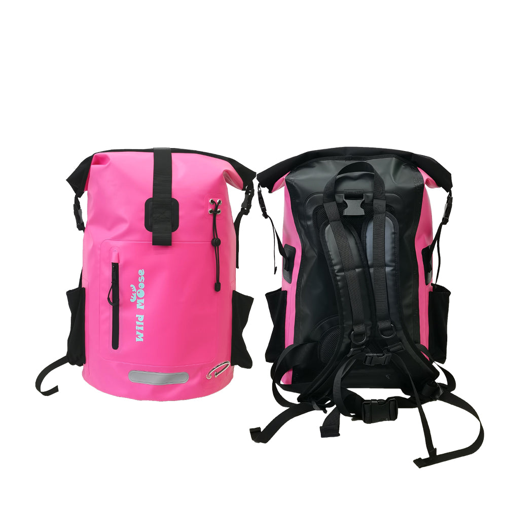 Pink and black backpacks with visible brand logo on a white background