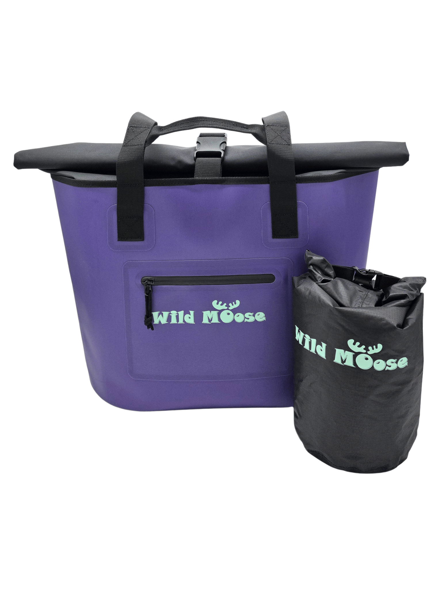 Purple tote bag with black top and matching pouch, featuring 'Wild Moose' branding.