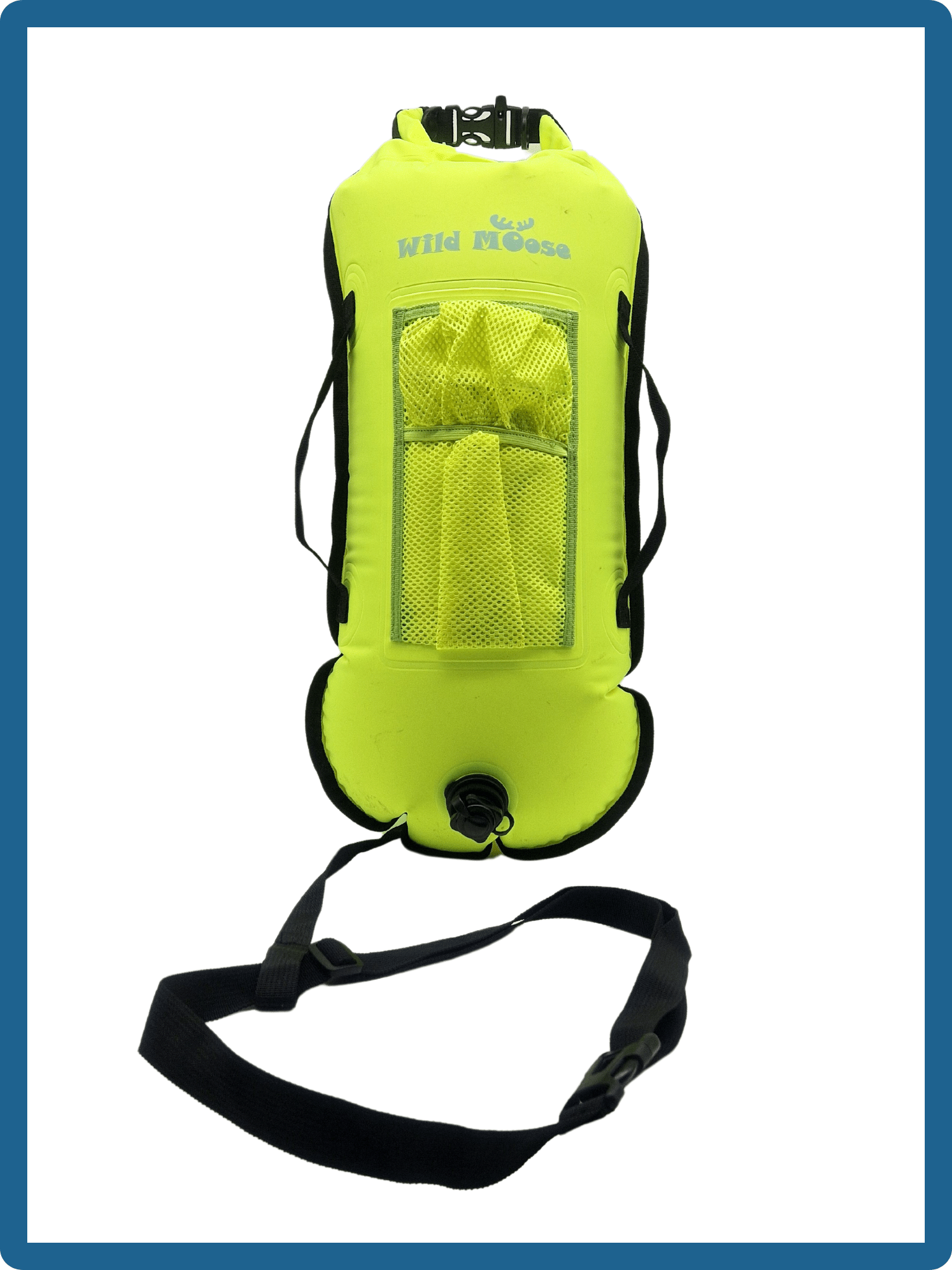 28L neon yellow tow floats with mesh top pocket and black handles and leash