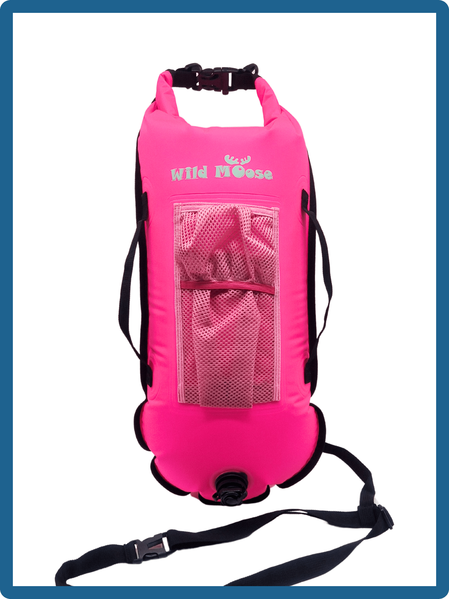 28L bright pink tow floats with mesh top pocket and black handles and leash