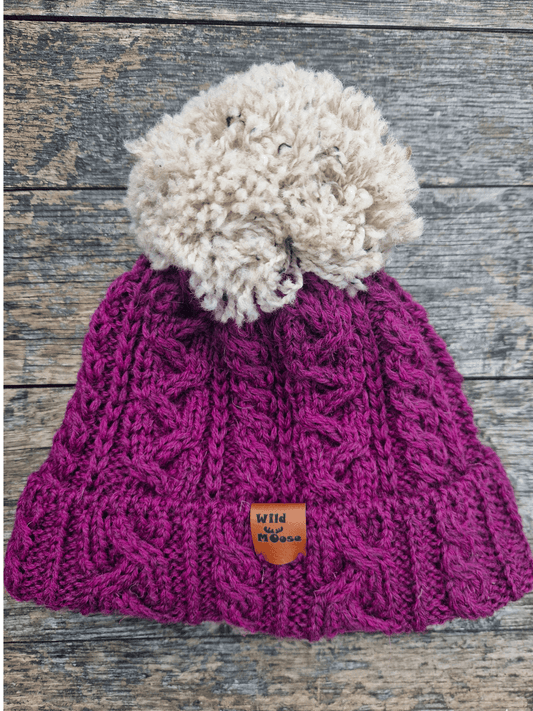 plum purple able knit bobble hat with oatmeal pom - british wool