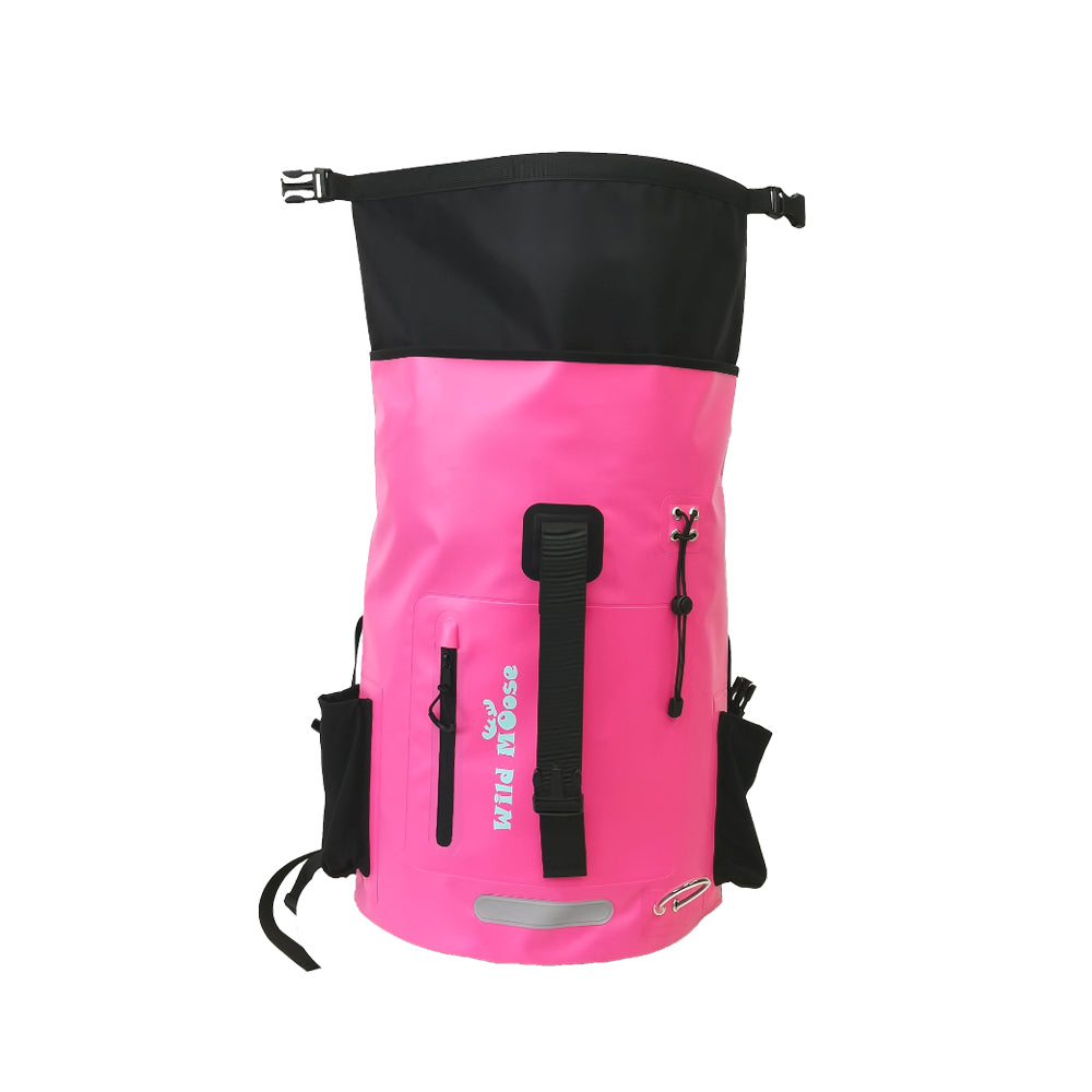 Pink and black backpack on a white background