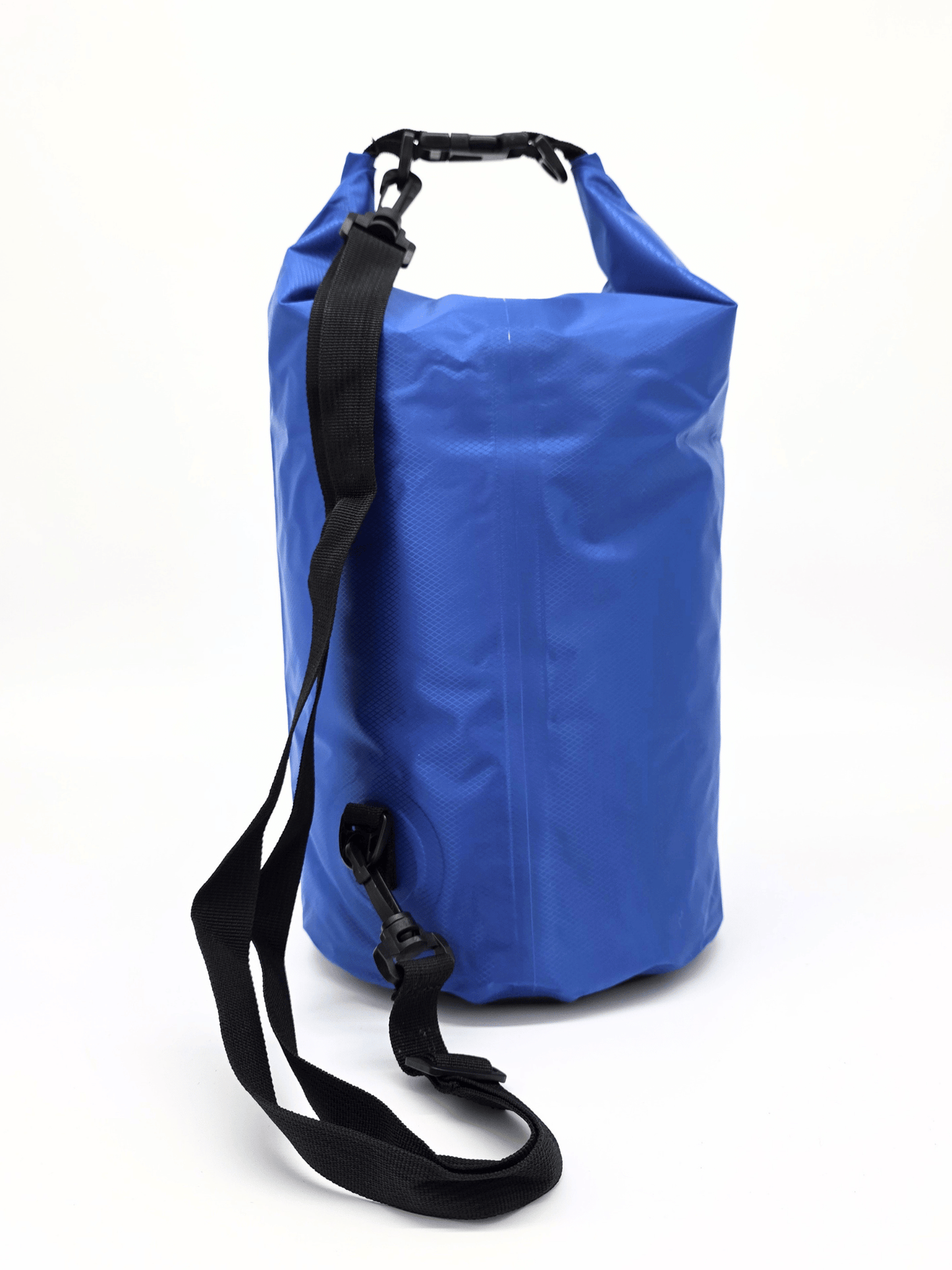 electric blue drybag with attached black shoulder strap.