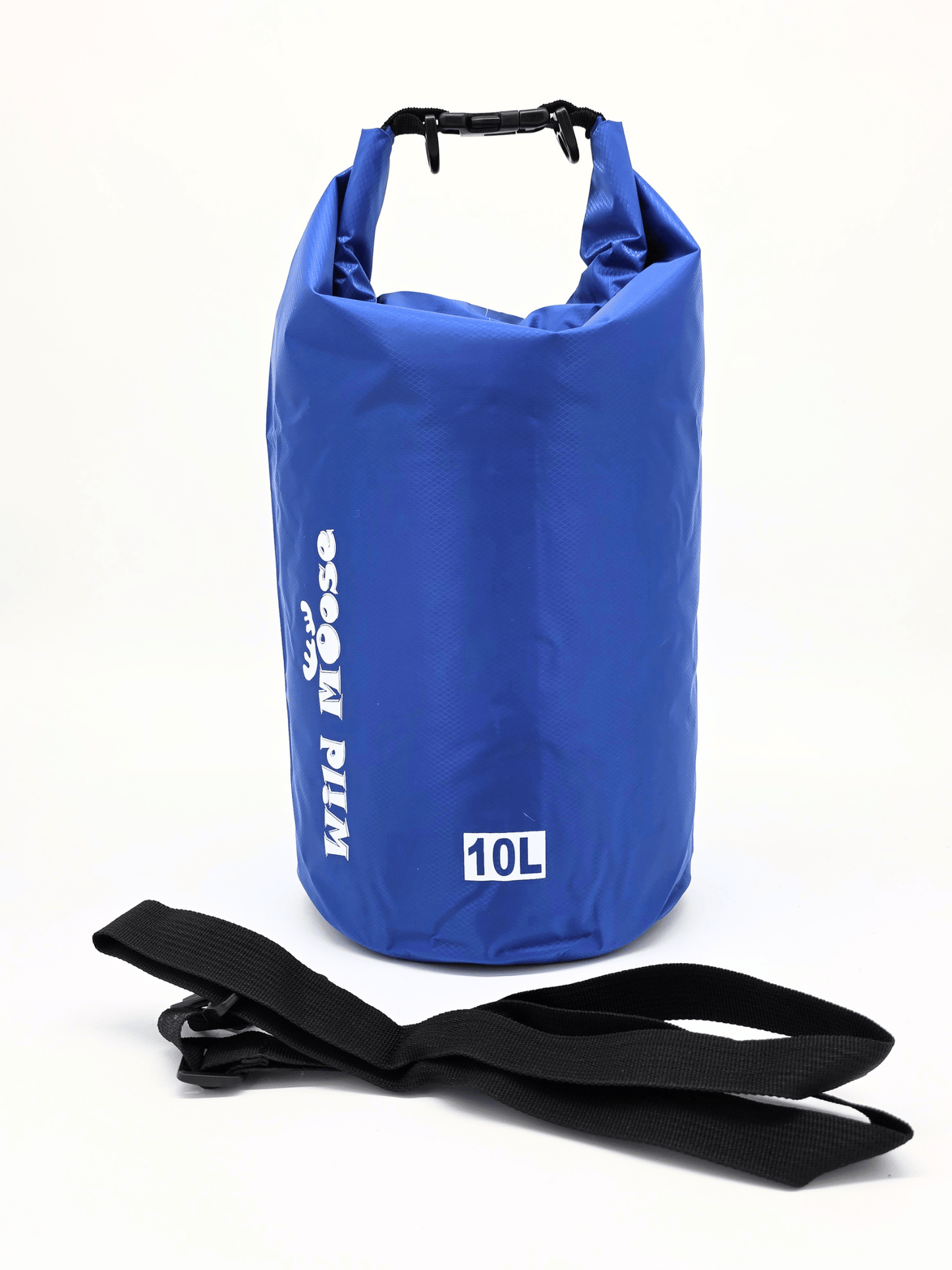 electric blue 10L drybag with roll top and a detachable black strap on a white background.