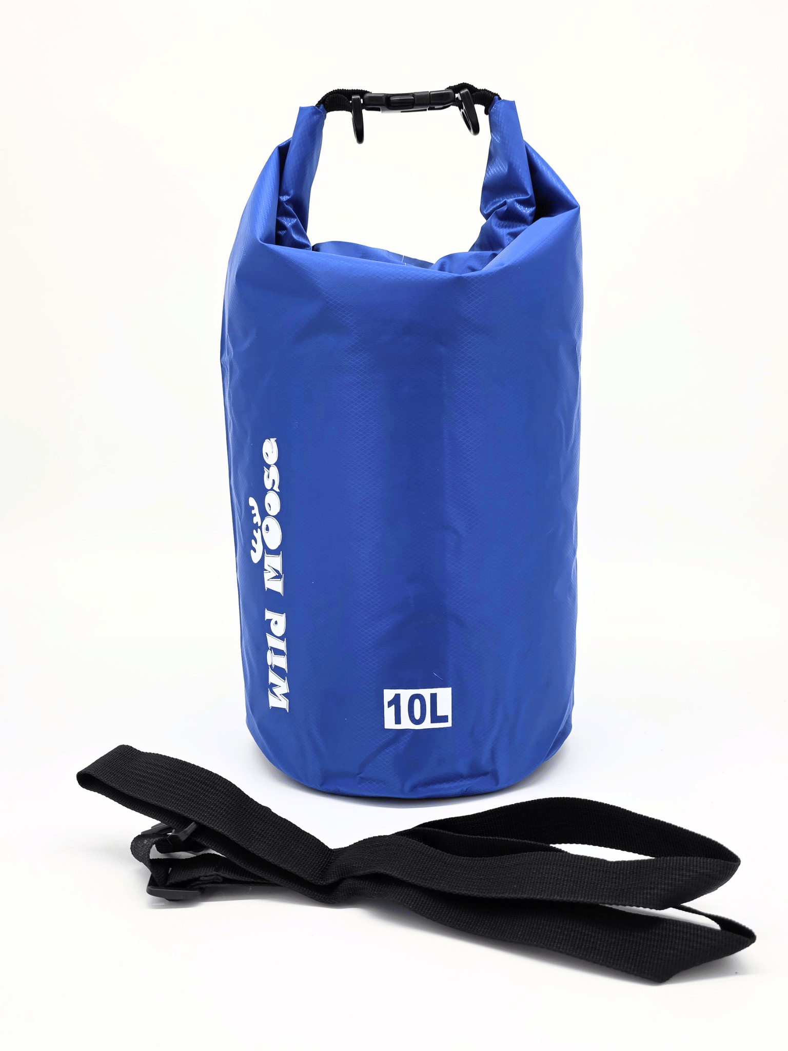 electric blue 10L drybag with roll top and a detachable black strap on a white background.