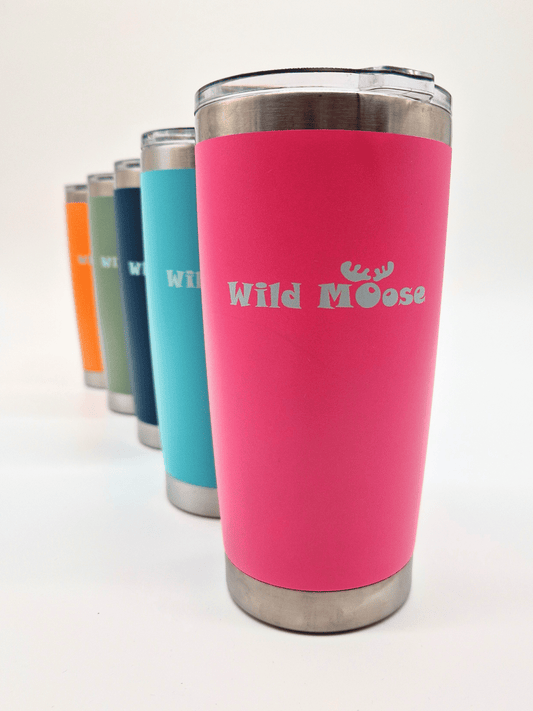 5  x bright coloured drinking flasks with Wild Moose logo