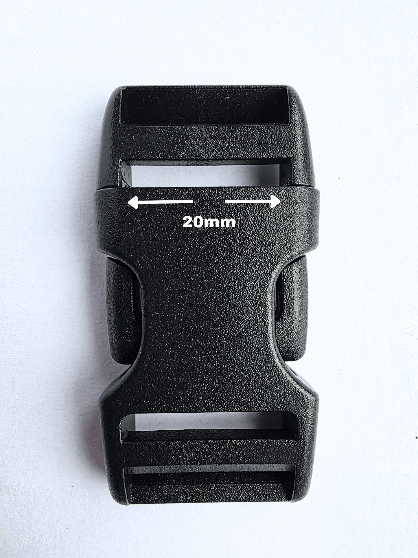 black plastic side release buckle with 20mm width marked where strap would go