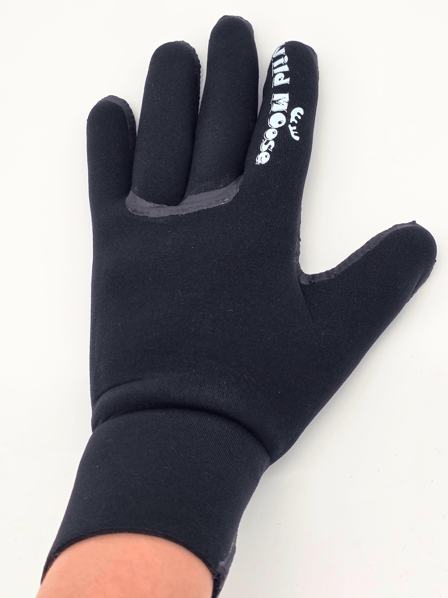 black waterproof glove with "wild moose" branded on the index finger being worn against a white background.