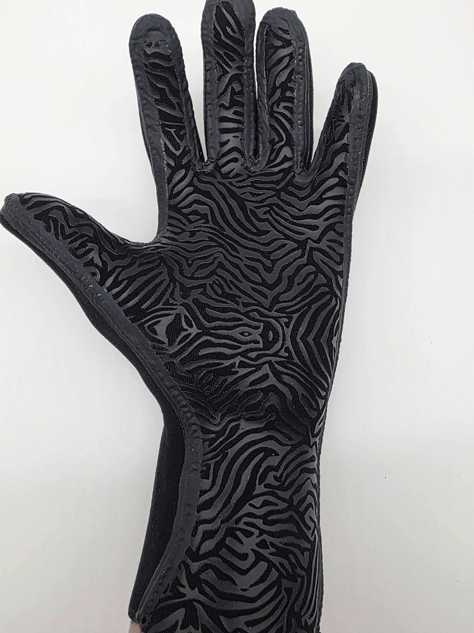 Black textured animal palm print on glove on a white background