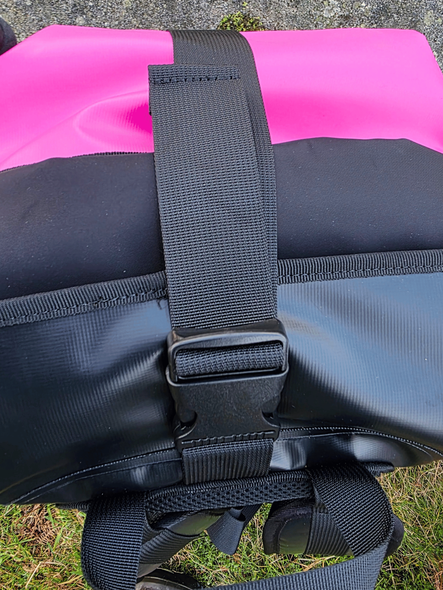 Black strap with black, plastic side release buckle on a pink and black bag with grass in the background