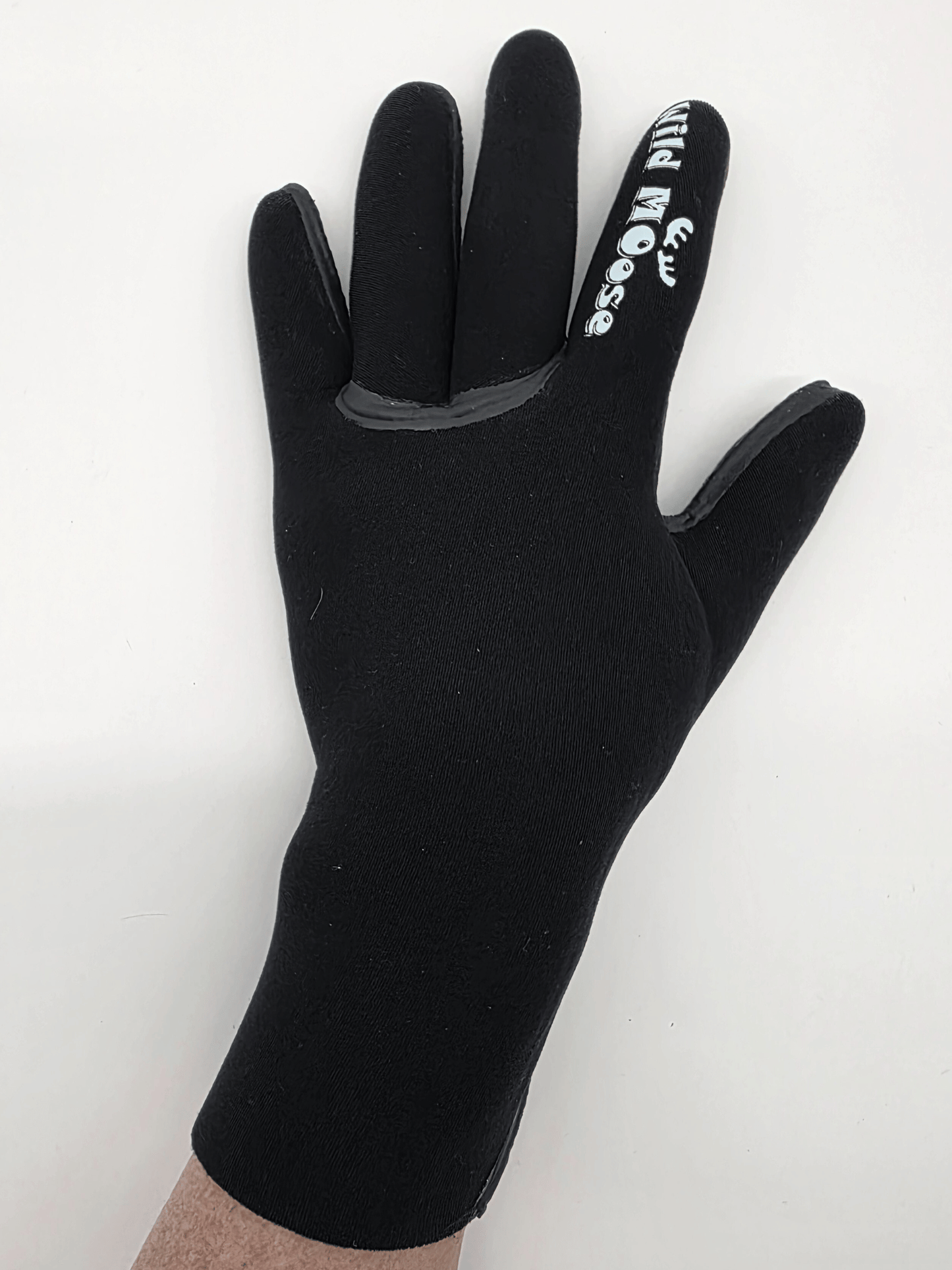 Black neoprene glove with a brand logo on a white background
