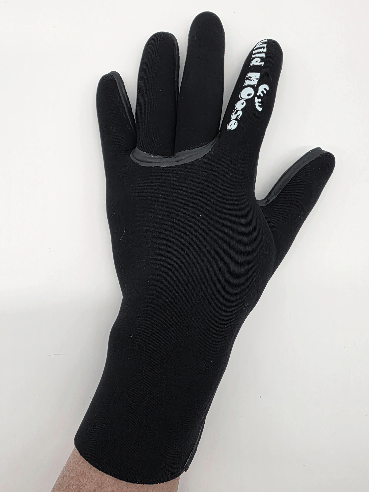 Black neoprene glove with a brand logo on a white background