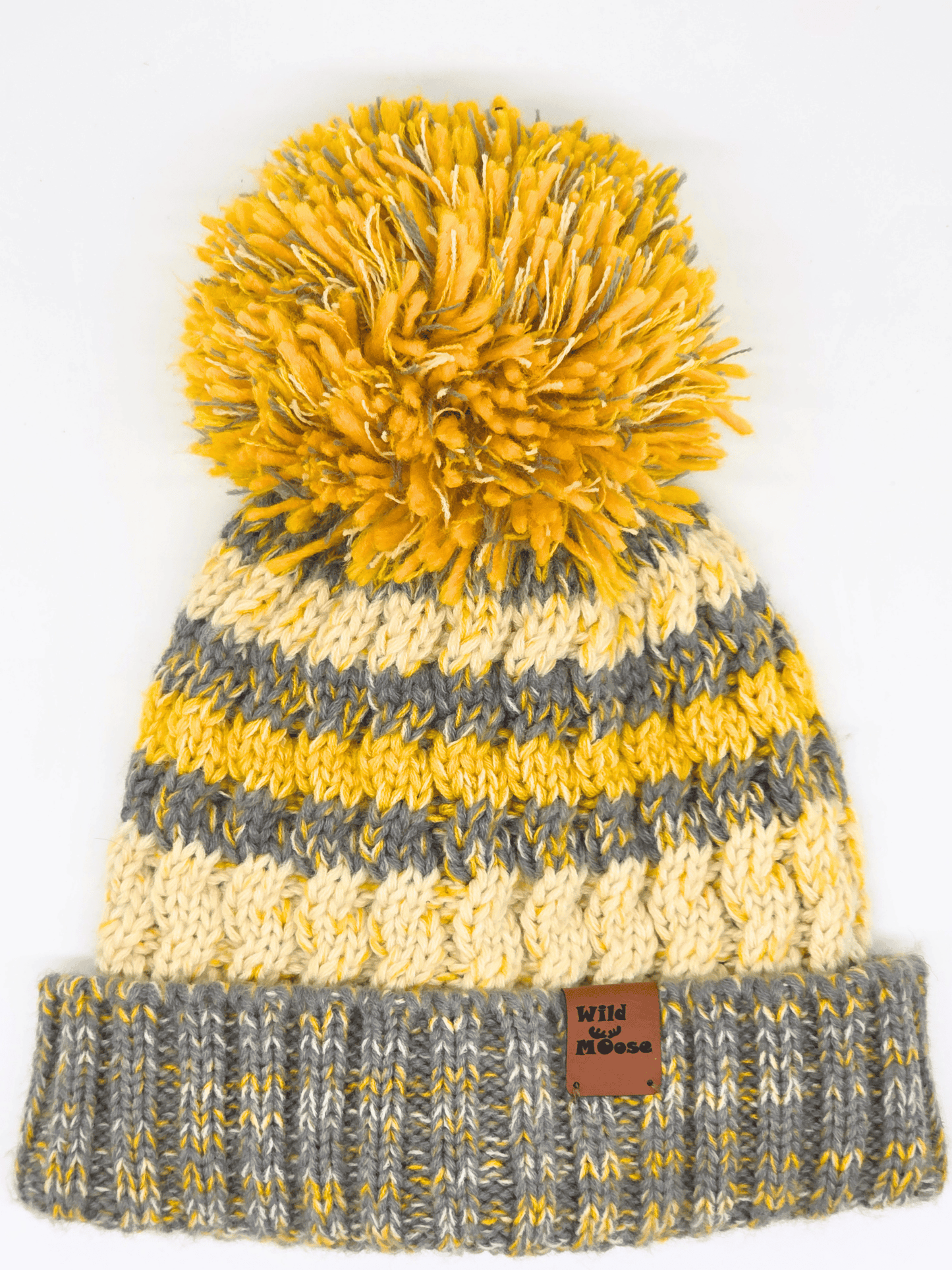 grey and yellow knitted beanie with a pom-pom on a white background.