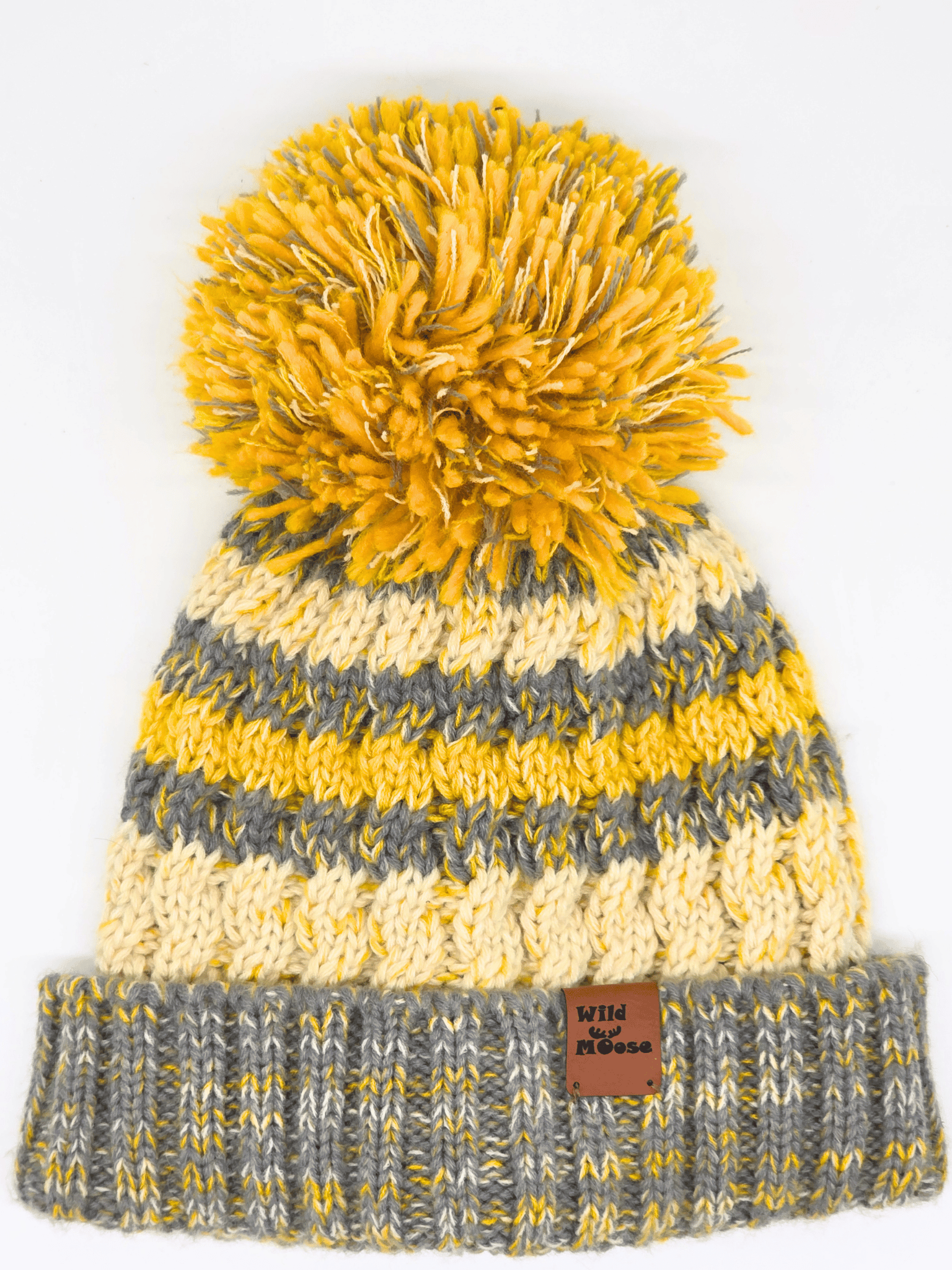 grey and yellow knitted beanie with a pom-pom on a white background.
