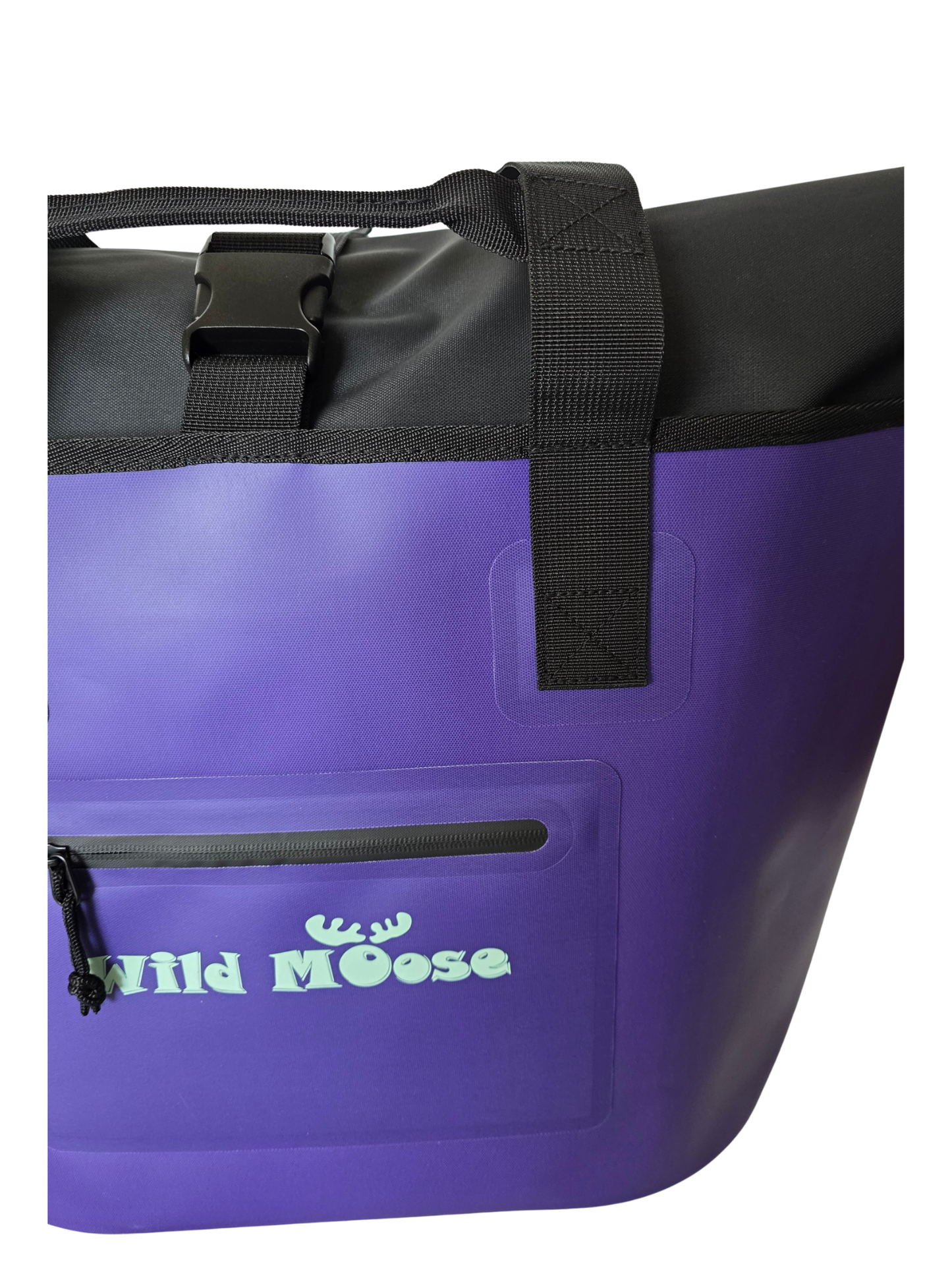 Purple tote bag with black handle and 'Wild Moose' logo on a white background