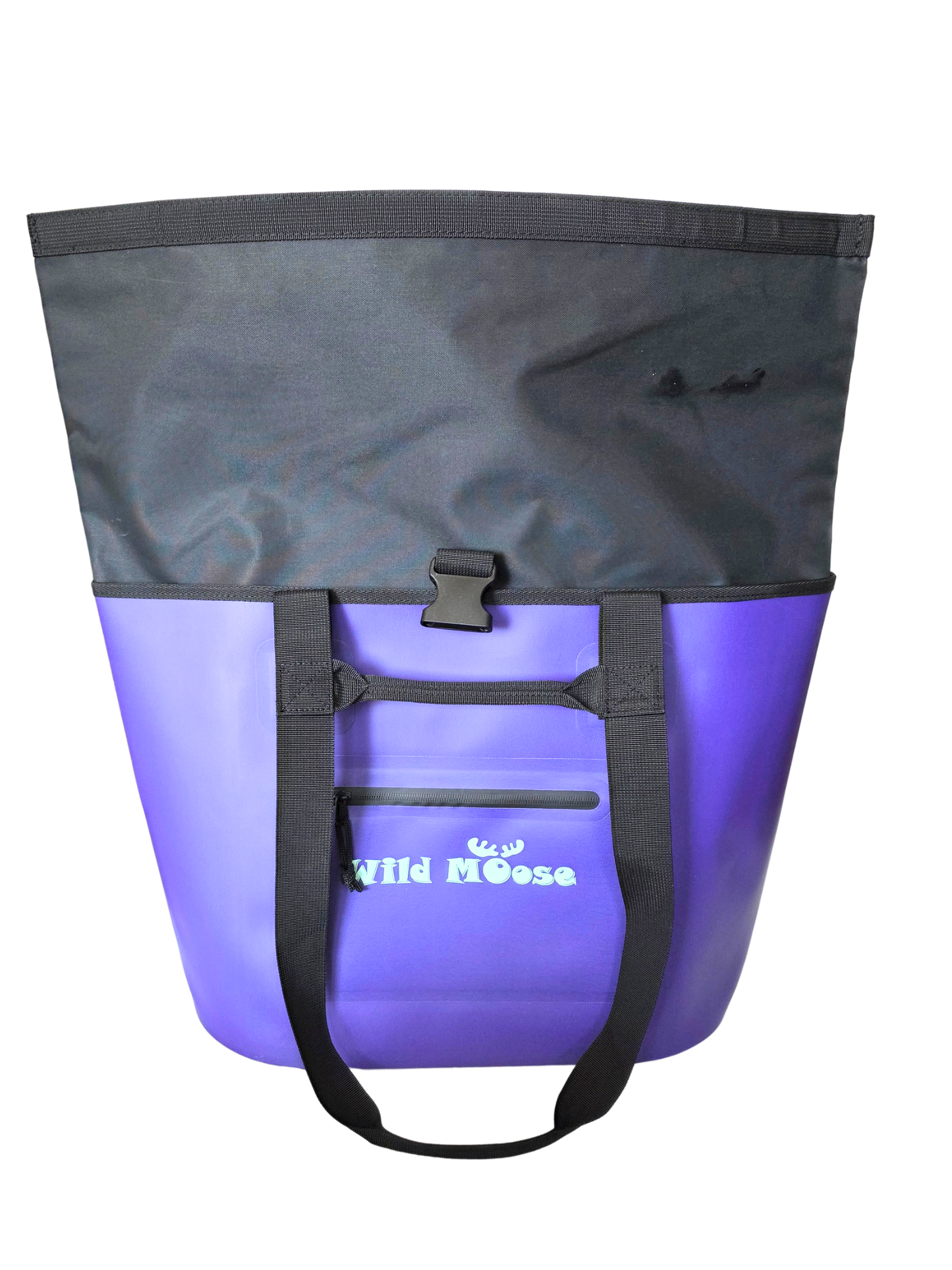 Purple tote bag with the black roll top unrolled, with 'Wild Moose' branding on a white background