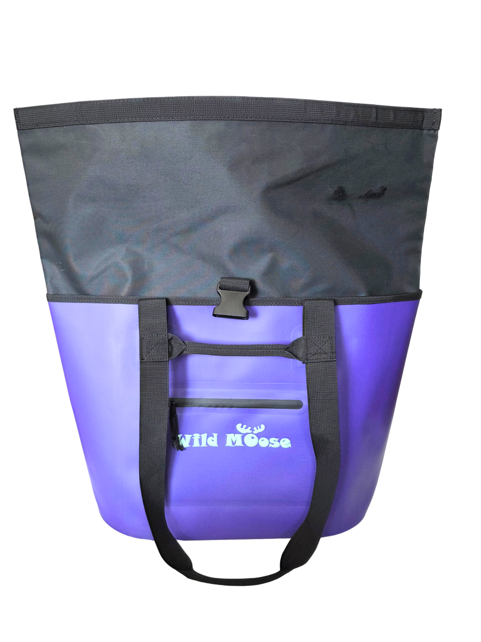 Purple tote bag with the black roll top unrolled, with 'Wild Moose' branding on a white background