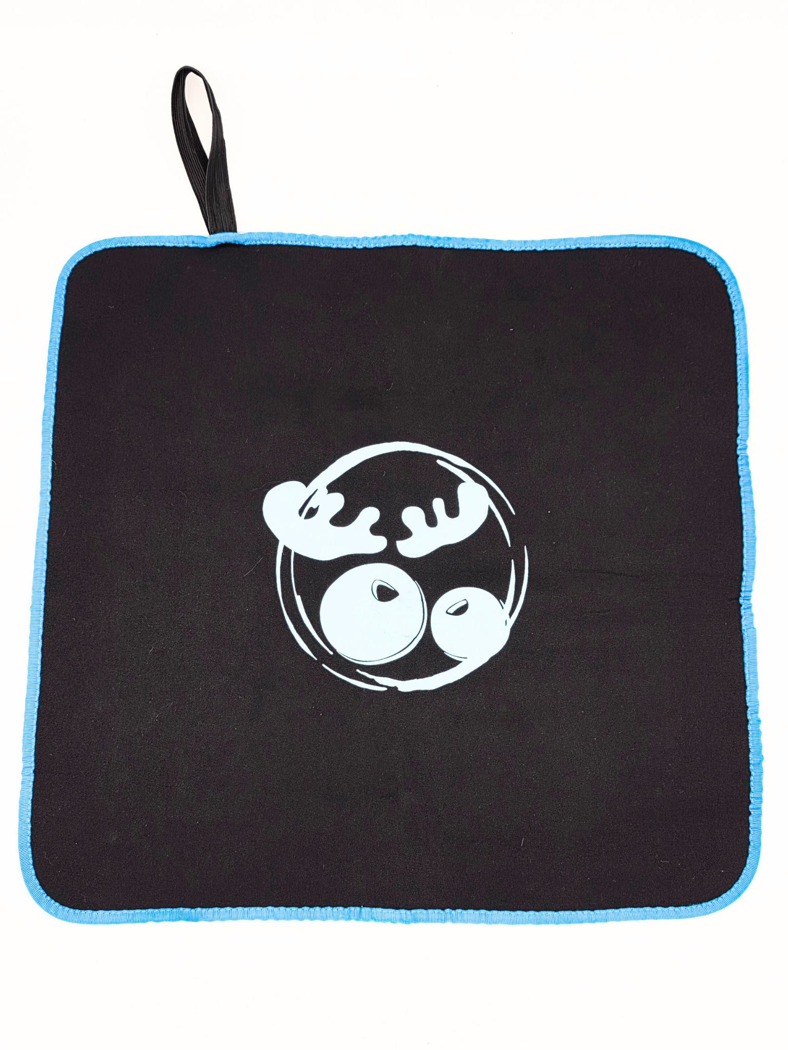 black neoprene mat with a logo on a white backdrop. 