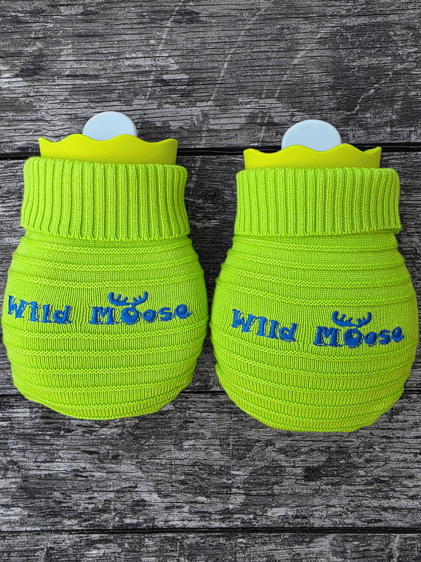 2 mini hot water bottles in a knitted cover - both bright green