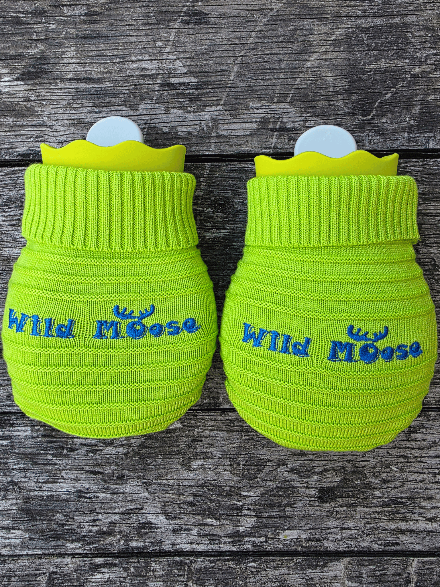 2 mini hot water bottles in a knitted cover - both bright green